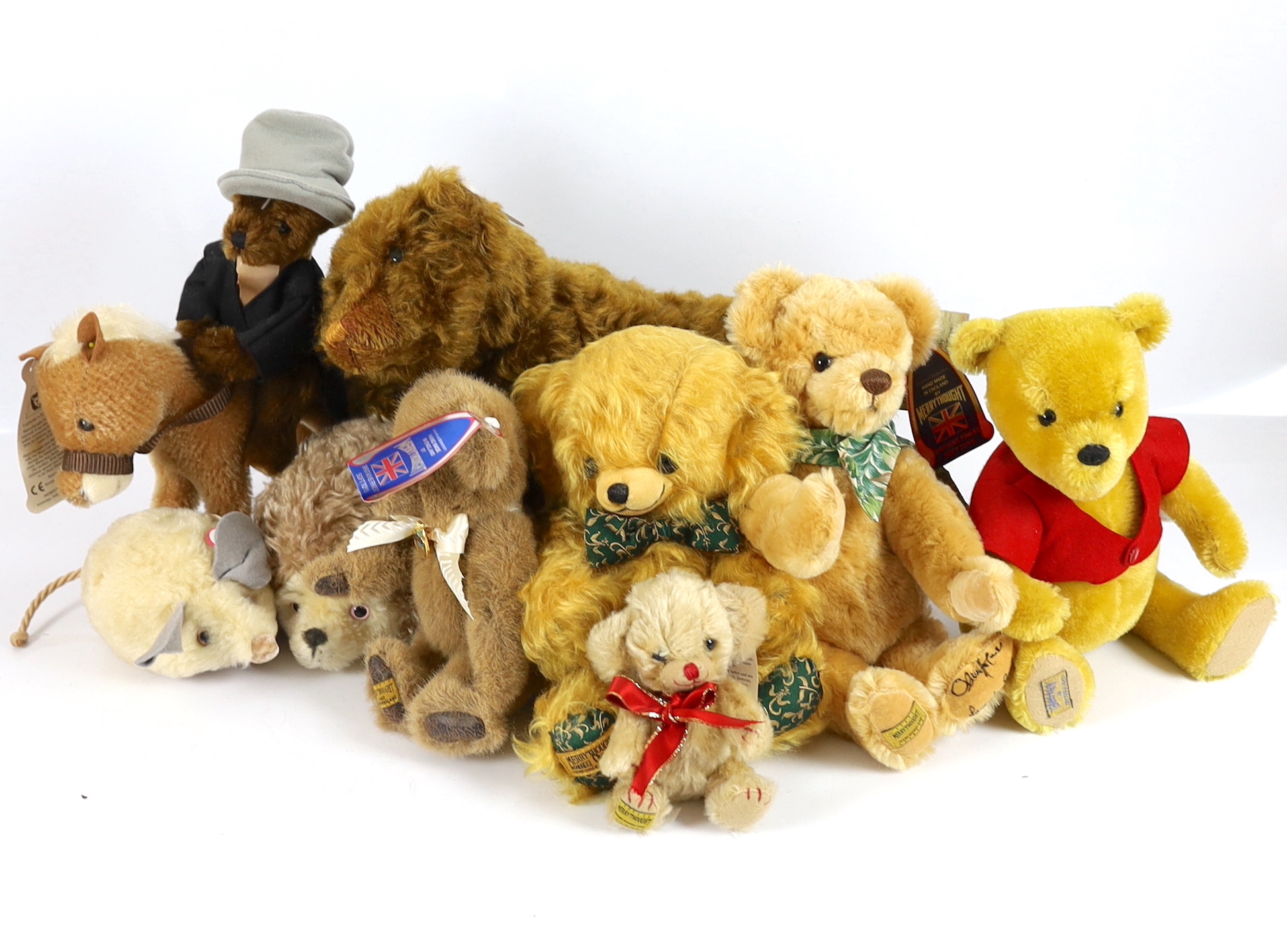 Nine Merrythought toys including two Cheekys, Winnie The Pooh, etc. (9)